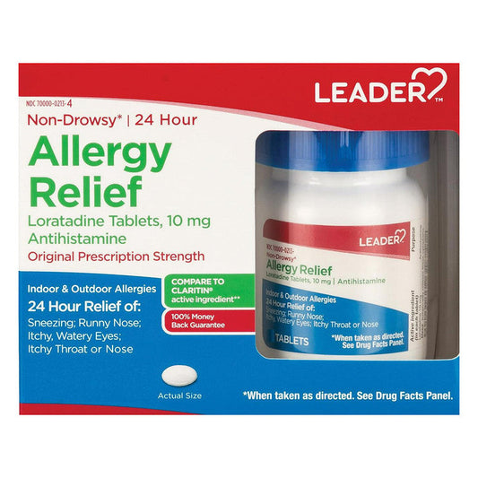 Leader Loratadine 10mg allergy relief tablets, 90 count, for 24-hour indoor and outdoor allergy relief, from Pasteur Pharmacy.