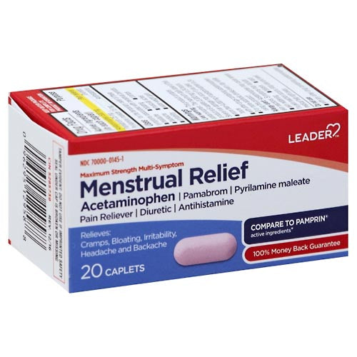 Leader Menstrual Relief Maximum Strength multi-symptom medicine in a bottle of 20 caplets, designed for menstrual discomfort relief.