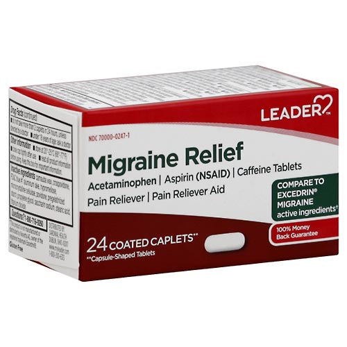 Leader™ Migraine Relief triple action pain reliever coated caplets in blister pack, designed for fast migraine pain relief.