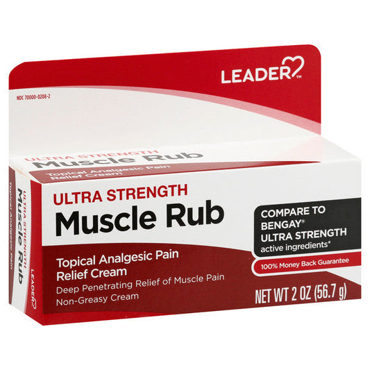 Leader Muscle Rub Ultra Strength 2 Oz from Pasteur Pharmacy, a topical medicine for muscle relief and soreness.