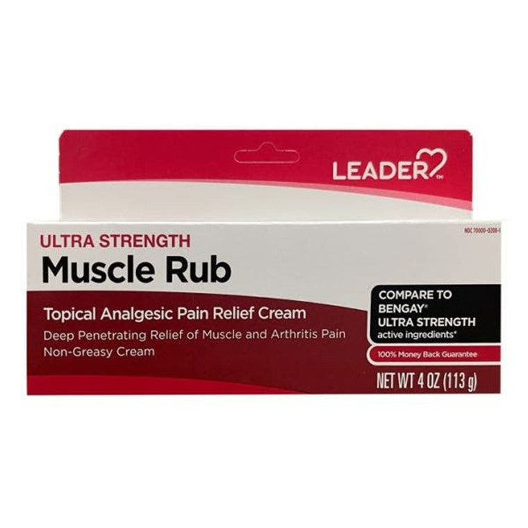 Leader Muscle Rub Ultra Strength cream in a 4 oz tube, designed to relieve muscle soreness and tension.