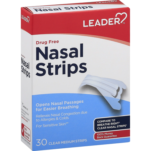 Medium clear Leader nasal strips by Pasteur Pharmacy, designed to help open nasal passages for easier breathing.
