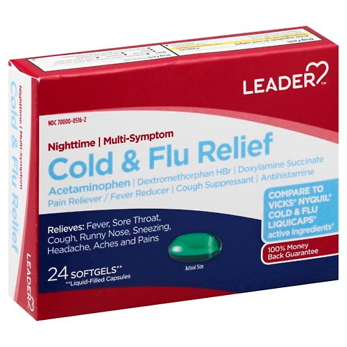 Leader Nighttime Cold and Flu Relief Softgels from Pasteur Pharmacy, showing the medicine bottle with softgel capsules inside.