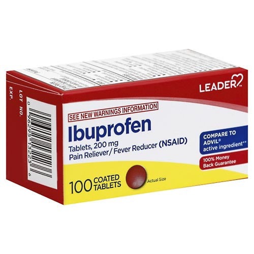 Leader™ Ibuprofen 200mg pain reliever and fever reducer medicine in a 100-count bottle, from Pasteur Pharmacy.