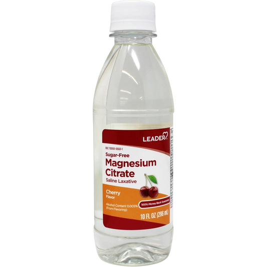 Leader Saline Laxative Magnesium Citrate liquid in cherry flavor, 10 oz bottle, from Pasteur Pharmacy, used for digestive relief.