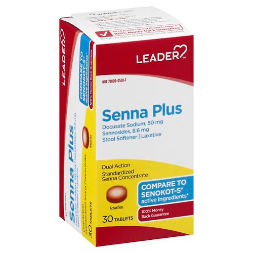 Leader™ Senna Plus stool softener and laxative tablets in a 30-count bottle, used for gentle bowel relief.