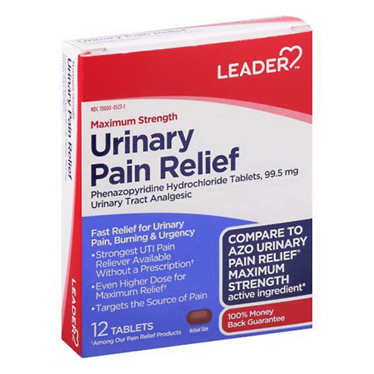 Leader Urinary Pain Relief Max Strength medication in a blister pack with 12 tablets, containing 99.5 mg Phenazopyridine HCl.