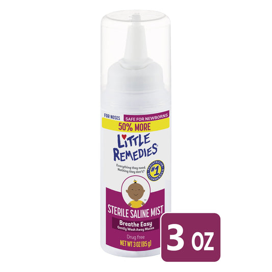 Little Remedies sterile saline nasal mist in a 3 fl oz bottle, safe for newborns, shown in a clear bottle with a blue cap.