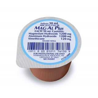Magnesium Aluminum Simethicone oral suspension in 30 mL unit-dose cups, packaged in a case of 100, by Pasteur Pharmacy.