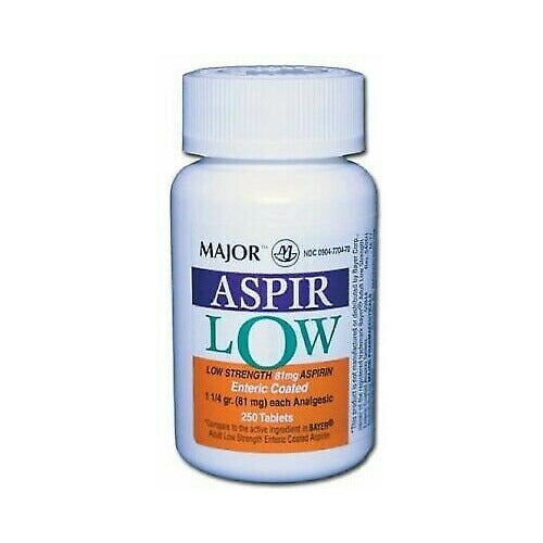 Bottle of Pasteur Pharmacy Major Low Dose Aspirin 81 mg enteric-coated tablets for heart health, 250 tablets in bottle.