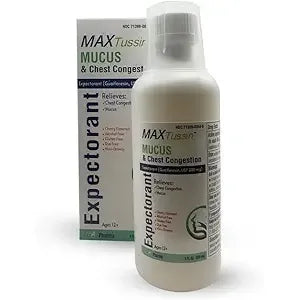 Bottle of Max Tussin Muc SR cough syrup by Pasteur Pharmacy, 236ml, containing 200mg/10mg medicine for relief of cough and congestion.