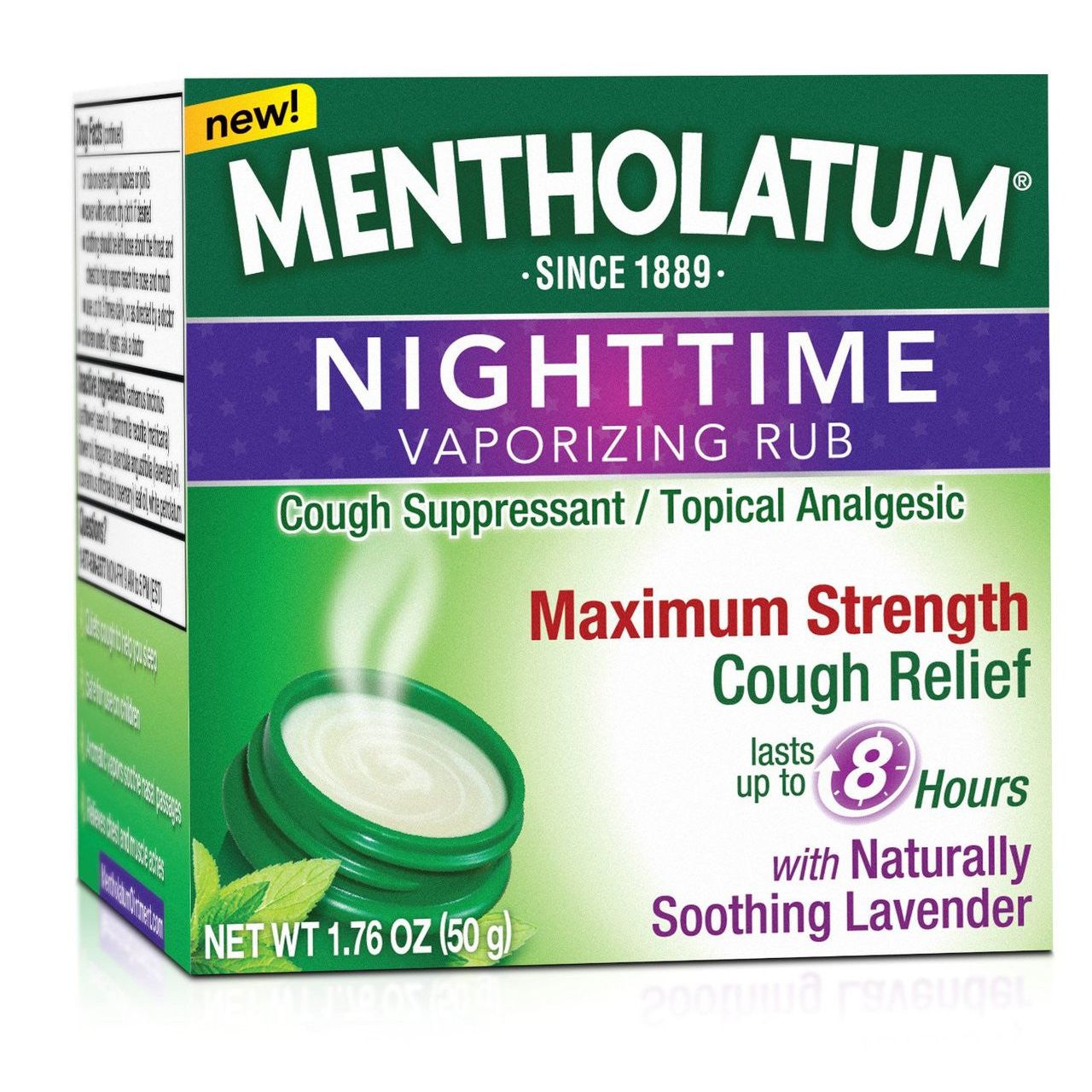 Mentholatum Nighttime Vaporizing Rub by Pasteur Pharmacy, maximum strength for cough relief, shown in a medicine container.