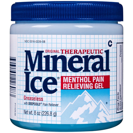 Mineral Ice Therapeutic Pain Relieving Gel with Menthol 2% in 8 oz bottle, cooling topical medicine for pain relief.