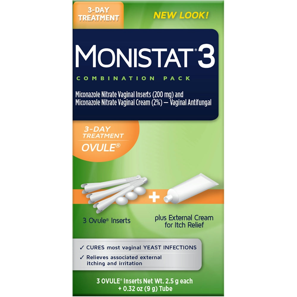 Monistat 3-Day Yeast Infection Treatment Pack including 3 ovule inserts and external itch relief cream by Pasteur Pharmacy.