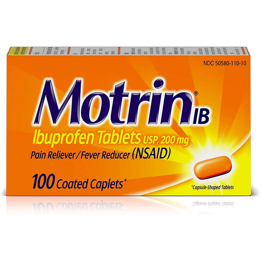 Motrin IB Ibuprofen 200 mg caplets in a blister pack, shown in a 6-pack carton, for pain relief and fever reduction.