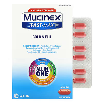Mucinex Fast-Max Cold & Flu all-in-one maximum strength caplets in a 20-count package, effective medicine for cold and flu relief