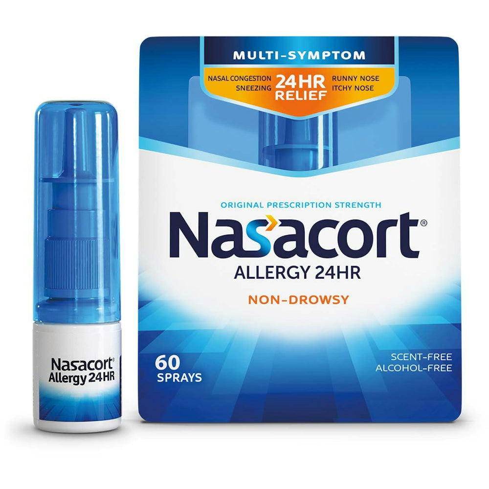 Nasacort Allergy 24HR Relief nasal spray by Pasteur Pharmacy, 60 metered sprays, non-drowsy allergy medicine for nasal relief.