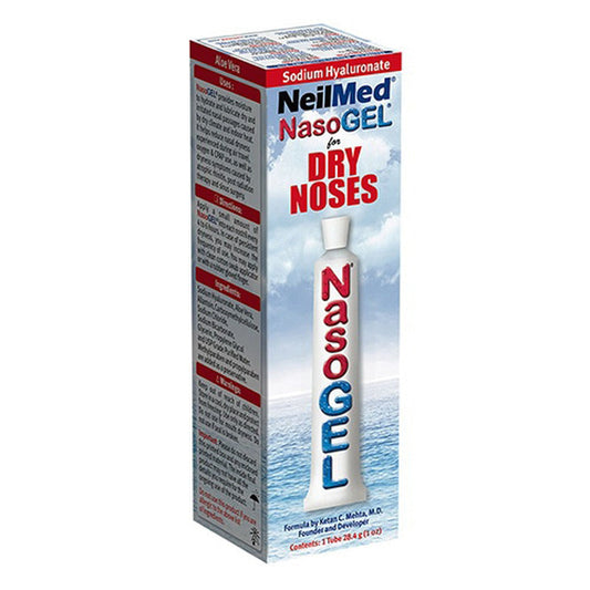 Nasogel Dry Nose Gel tube by Pasteur Pharmacy, 1 oz, soothing medication for dry nasal passages in a white tube.