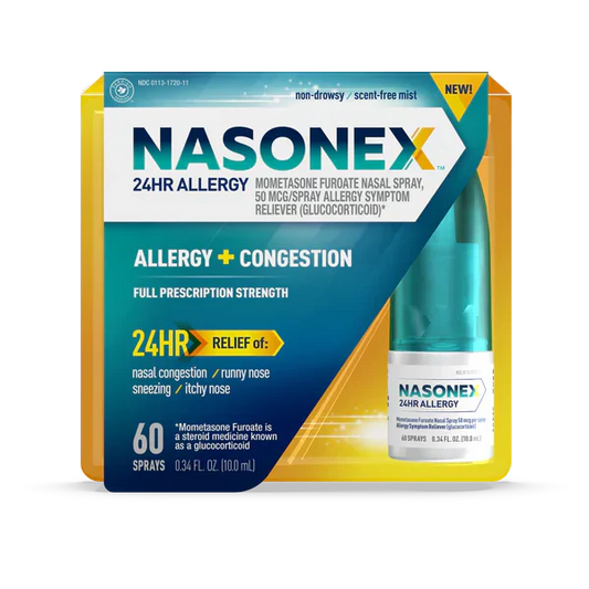 Nasonex 24-Hour Allergy & Congestion Relief Nasal Spray by Pasteur Pharmacy, 120 sprays, containing 50mcg Mometasone Furoate.