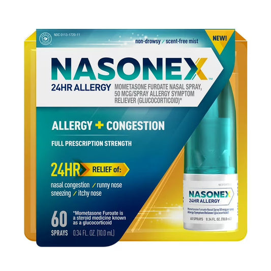 Nasonex 24-Hour Allergy & Congestion Relief Nasal Spray by Pasteur Pharmacy, 50mcg Mometasone Furoate, 60 sprays.