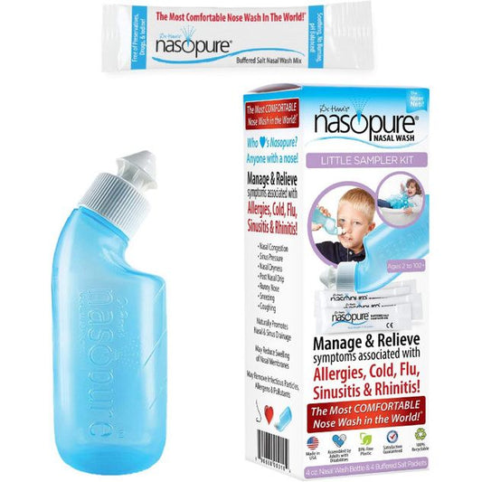 Nasopure nasal wash kit for children by Pasteur Pharmacy, includes gentle saline solution for nasal relief and hygiene.