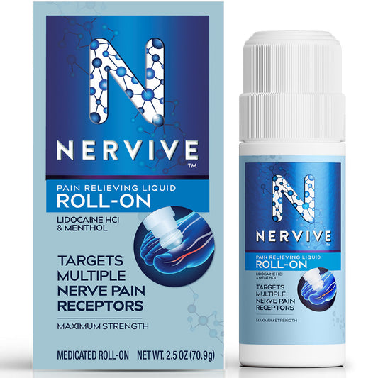 Nervive™ Nerve Relief maximum strength roll-on from Pasteur Pharmacy, with a 3.4 oz bottle of nerve pain relief medicine.