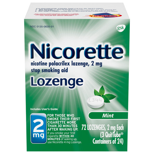 Nicorette Mini Nicotine Lozenges 2 mg in a bottle, 72 count, used for smoking cessation, brand Pasteur Pharmacy.