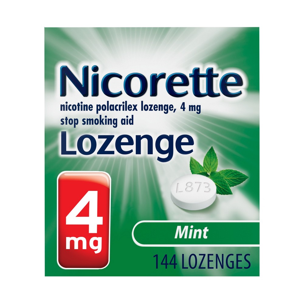 Nicorette nicotine lozenge in mint flavor, 4mg, used to help stop smoking, shown in packaging with mint-flavored lozenge.