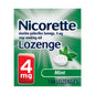 Nicorette nicotine lozenge in mint flavor, 4mg, used to help stop smoking, shown in packaging with mint-flavored lozenge.