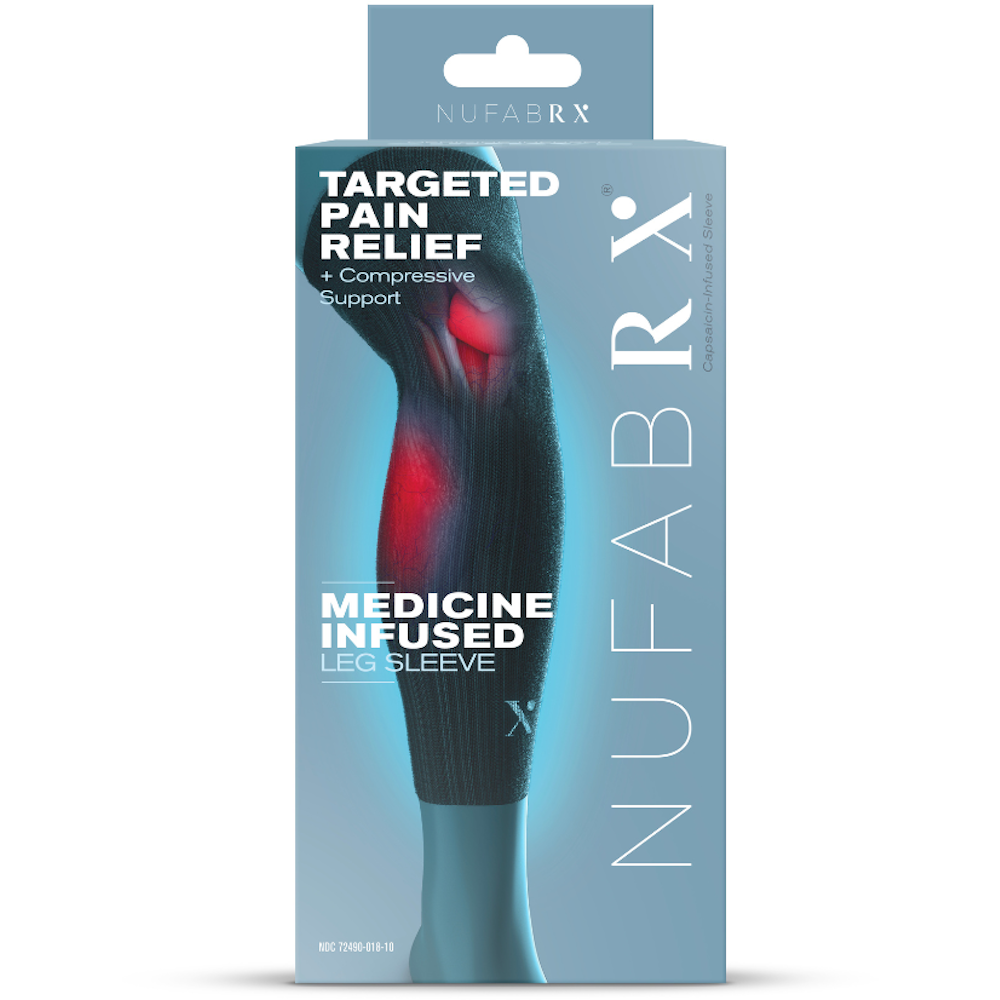 Nufabrx Capsaicin-infused compression lower leg sleeve designed for pain relief and support, shown on a person's leg.