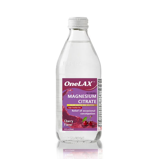 Onelax Magnesium Citrate saline laxative bottles with cherry flavor, 10 fl oz each, case of 12, by Pasteur Pharmacy.