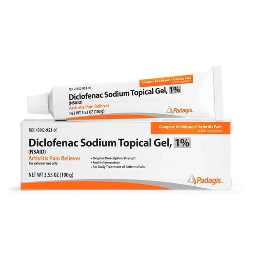 Pasteur Pharmacy Padagis Diclofenac Sodium 1% topical gel tube, 100 grams, showing the medication container and label.