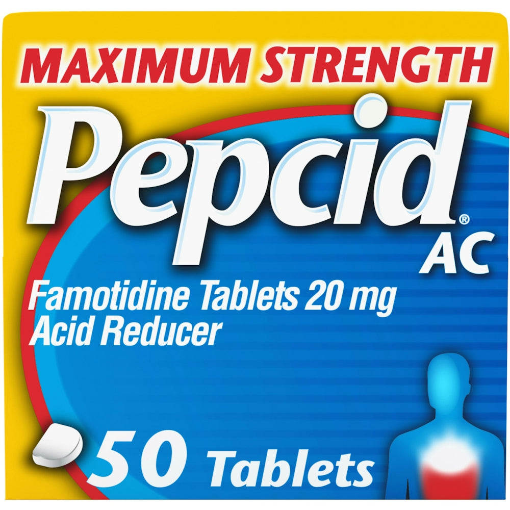 Pepcid AC acid reducer tablets in maximum strength 20 mg, shown in blister pack, used for managing stomach acid.