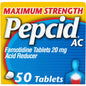 Pepcid AC acid reducer tablets in maximum strength 20 mg, shown in blister pack, used for managing stomach acid.