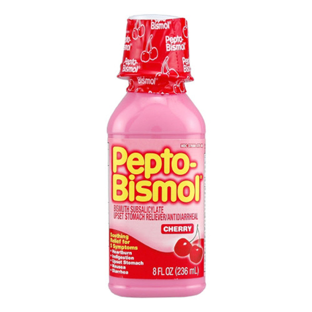 Pepto Bismol Cherry Liquid medicine bottle for upset stomach relief and diarrhea, 8 fl oz, Pasteur Pharmacy brand.