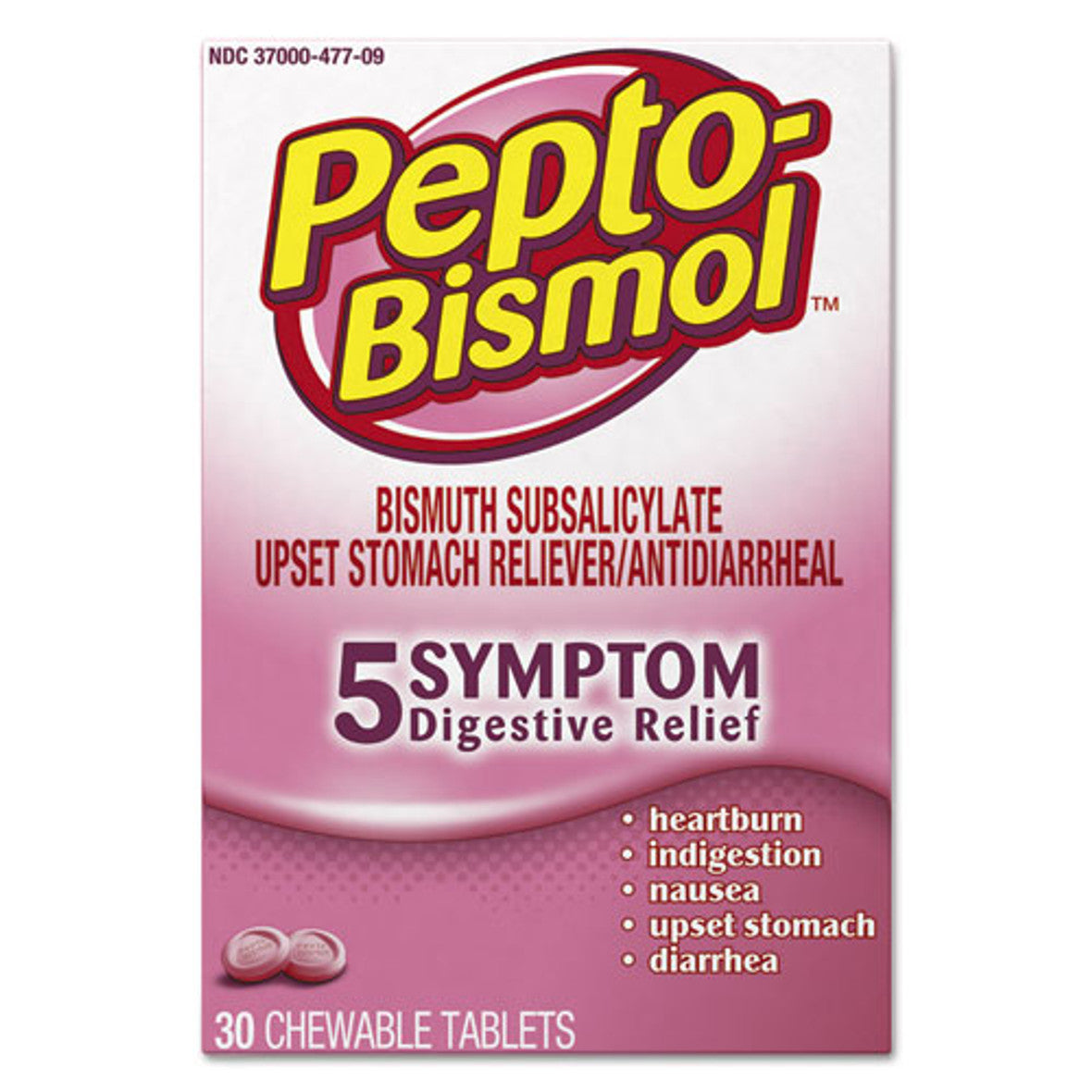 Pepto-Bismol chewable tablets for nausea, heartburn, indigestion, upset stomach, and diarrhea, original flavor, blister pack.