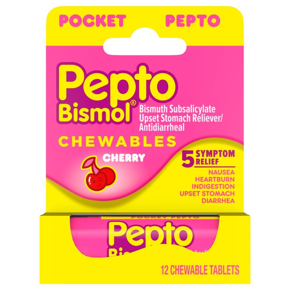 Pepto-Bismol To Go cherry-flavored chewable tablets for upset stomach relief and diarrhea from Pasteur Pharmacy.