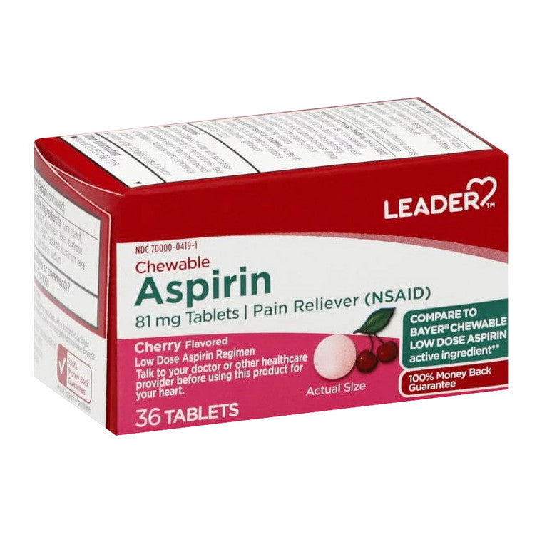 Cherry-flavored Perrigo Leader aspirin 81 mg chewable tablets, shown in blister pack, for pain relief and cardiovascular health.