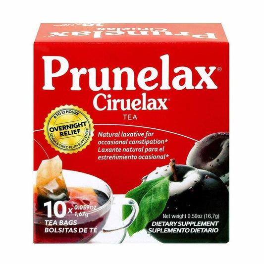 Prunelax Laxative Tea by Pasteur Pharmacy in a 0.59 oz package, used for gentle bowel relief and digestion support.