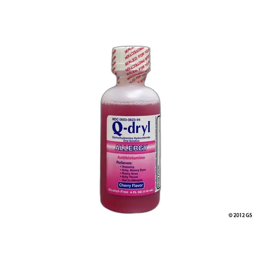 Q-Dryl Elixir cherry flavor alcohol-free antihistamine in a 16 fl oz bottle, designed to relieve allergy symptoms.