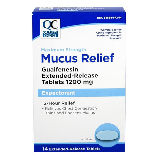 Box of Pasteur Pharmacy QC Maximum Strength Guaifenesin 1200 mg extended-release tablets, 14-count medication for cough relief.