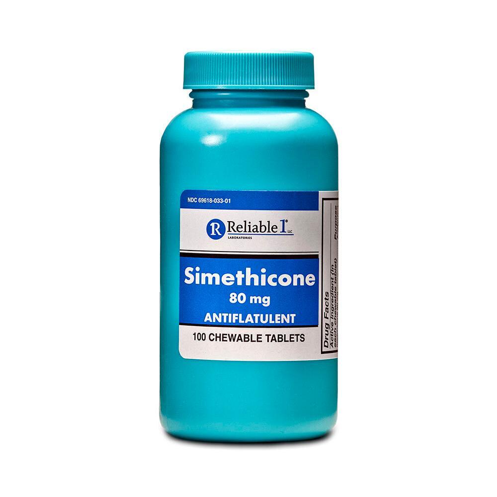 Reliable 1 Labs Simethicone chewable tablets 80 mg, medicine and drugs, showing the packaging and tablets in blister pack.