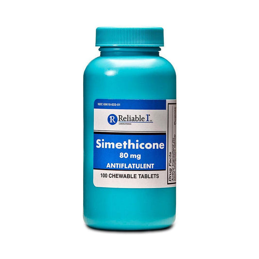 Reliable 1 Labs Simethicone chewable tablets 80 mg, medicine and drugs, showing the packaging and tablets in blister pack.
