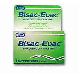 Rx 2 Bisac-Evac Bisacodyl 10mg suppositories by G&W Labs, medicinal laxative for relief of constipation, shown in packaging.