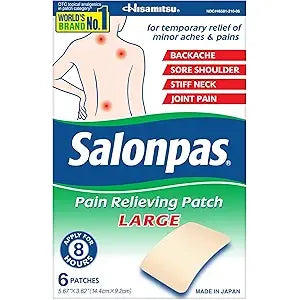 Large Salonpas Pain Relief Patch by Pasteur Pharmacy, showing the medical patch used for localized pain relief.