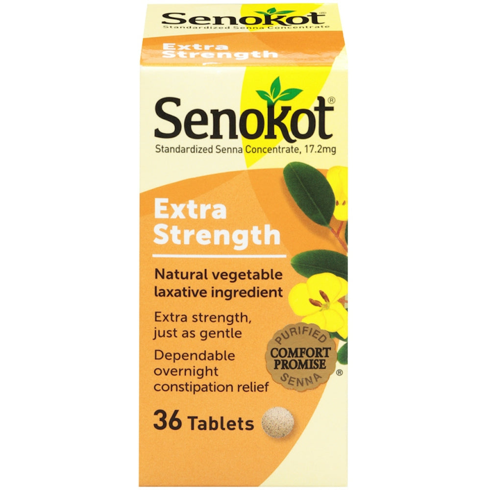 Senokot Extra Strength natural vegetable laxative tablets in blister pack, used for relief of occasional constipation.