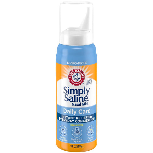 Simply Saline Arm & Hammer Nasal Mist bottle from Pasteur Pharmacy, 3.1 oz, with nasal spray nozzle and clear label.