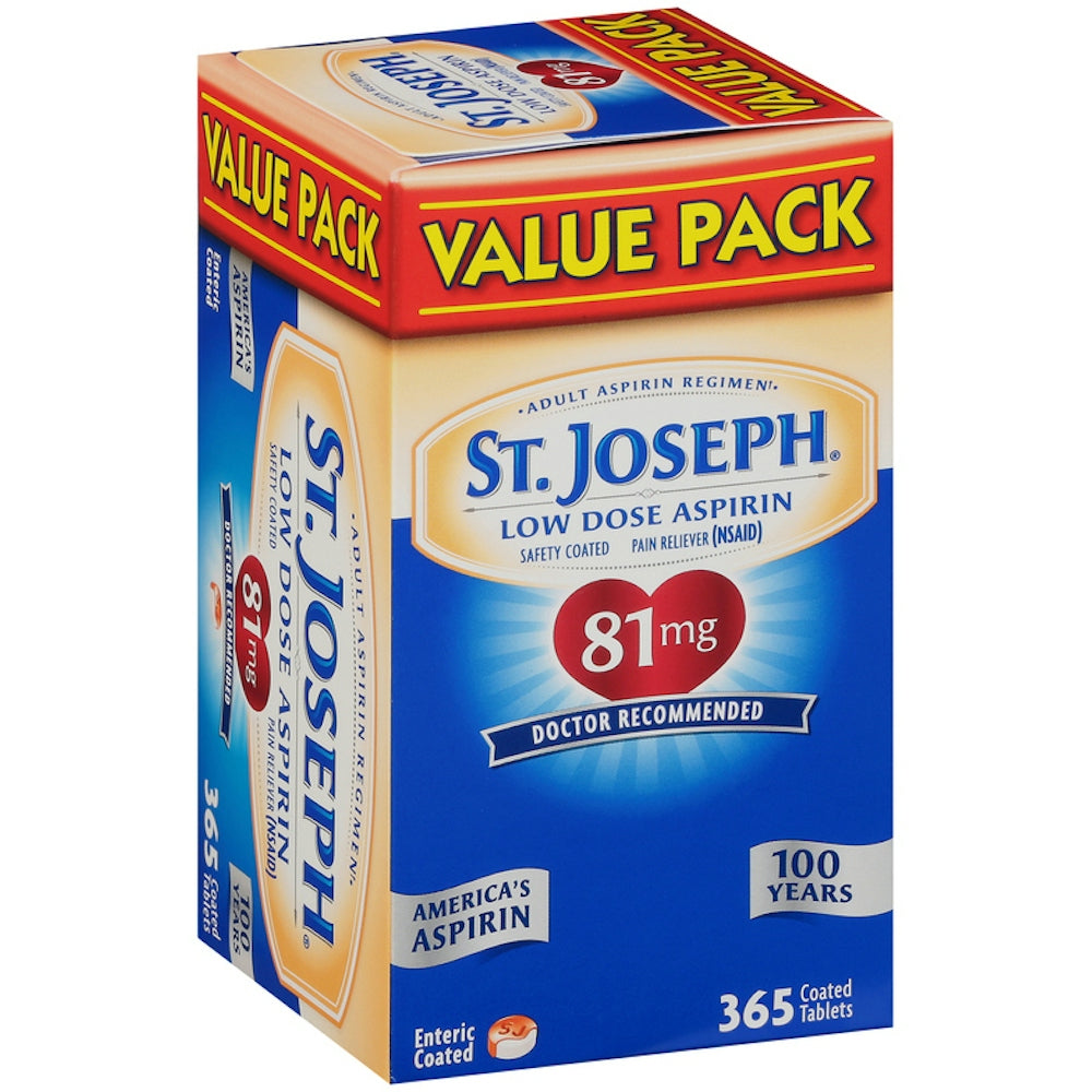 St. Joseph Low Dose Aspirin 81 mg safety-coated tablets in a 365-count value pack, by Pasteur Pharmacy.