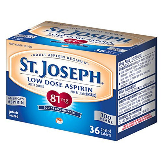 St. Joseph Low Dose Aspirin 81mg bottles with 36 coated tablets for heart health support, from Pasteur Pharmacy.