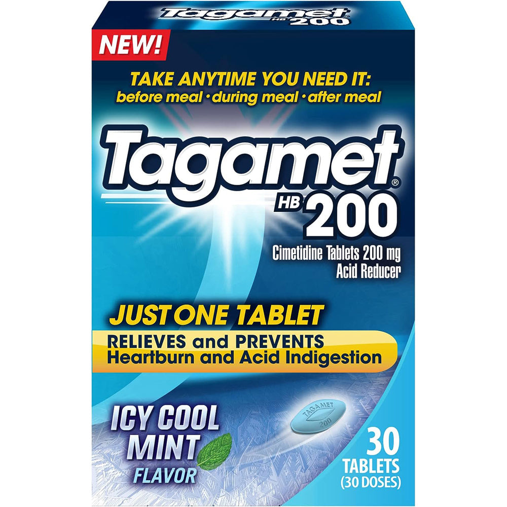 Tagamet HB 200 acid reducer tablets in icy cool mint flavor, shown with packaging and tablets for relief of heartburn and acid indigestion.